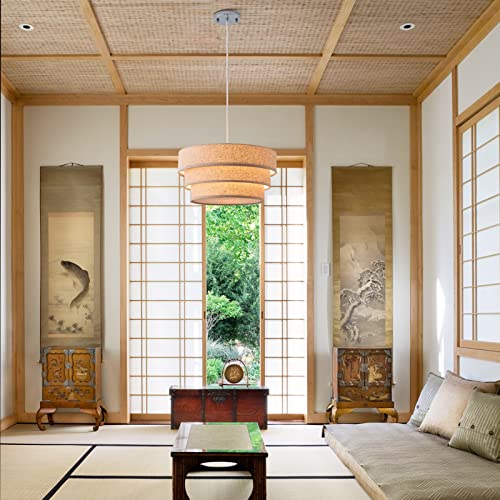 Yifi Deco Modern Pendant Ligh,13.4" Drum Hanging Lamp Fixture With 3-Tier Linen Fabrics Lampshade, Elegant Pendant Lighting For Dining Room, Bedroom, Kitchen Island, Entryway, Hallway #TOP2