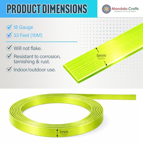 Image of Mandala Crafts 5mm Lime Green Flat Aluminum Crafting Wire for Sculpting | 33 Feet, Anodized, Colored, Tarnish Resistant, Bendable, Flexible, for Jewelry Making, Bezel, Bonsai, Armature, Outdoor