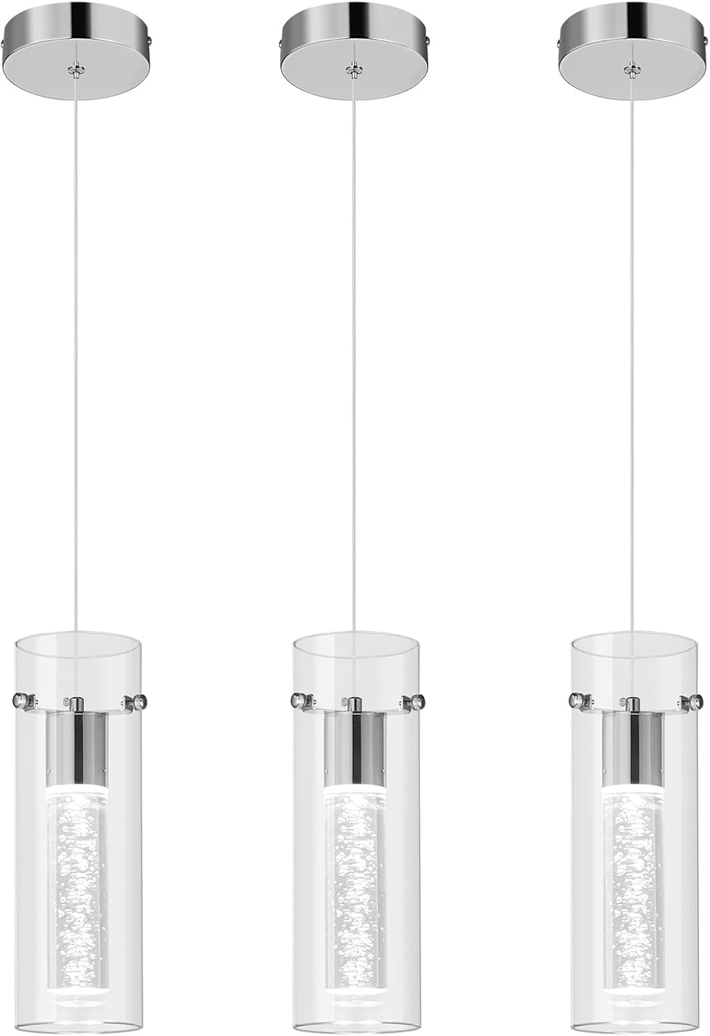 Pendant Ceiling Light Fixture for Kitchen Island, Chrome Pendant Light Integrated LED Hanging Light with Crystal Bubble Glass Pendant Light Modern Pendant Lights Kitchen Island (3-Pack) Chrome 3-Pack