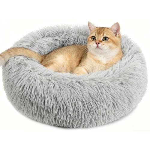 Cat Bed - Calming Cat Bed for Small Kittens Donut Washable Round for Indoor Kittens and Puppies, Anti-Slip Round Fluffy Plush Faux Fur, Small, Light Grey