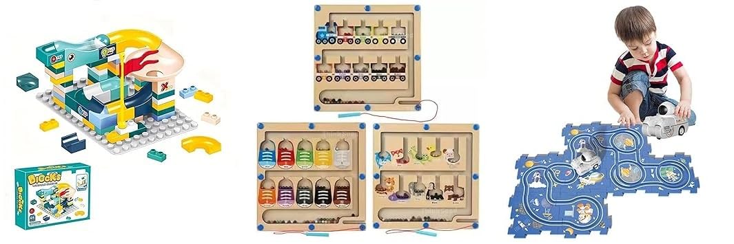 Space Adventure Race Track Playset with Electric Car, Block DIY Slide Marble Run Track, Magnetic Color Number Maze Wooden Puzzle-image-26
