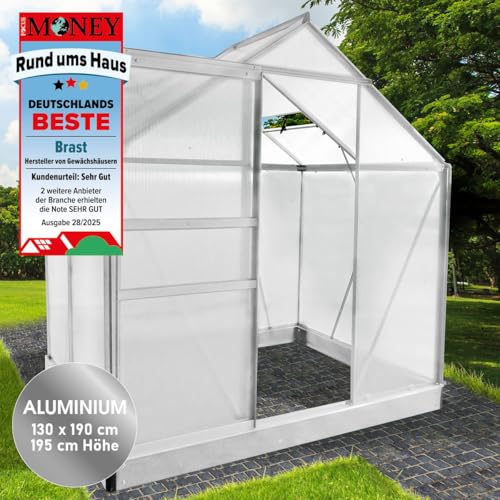 BRAST Gewächshaus Aluminium mit Fundament | 41 Modelle | 130x190x195cm - 490x250x235cm | TÜV geprüft | 6mm Hohlkammerplatten | rostfrei wetterfest temperaturbeständig | 130x190x195cm Silber – Bild 3