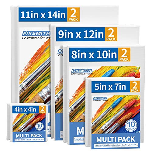Image of FIXSMITH Stretched Canvas for Painting- 10 Pack Multisize 4x4,5x7,8x10,9x12,11x14 (2 of Each),100% Cotton,Primed,for Acrylic,Oil,Other Wet or Dry Art Media,for Artists,Kids,Beginners and More.