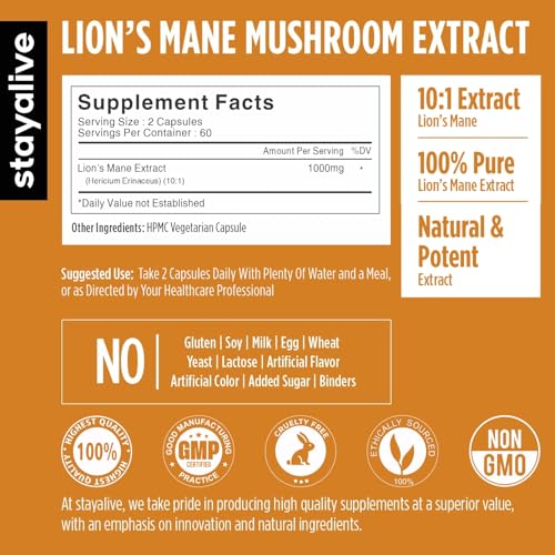 Image of STAY ALIVE Lion's Mane Mushroom Supplement 1000mg | 30:1 Extract with Beta Glucans | 100% Fruiting Body | Supports Brain Health, Memory & Cognitive Function | Non-GMO & Gluten-Free | 120 Capsules