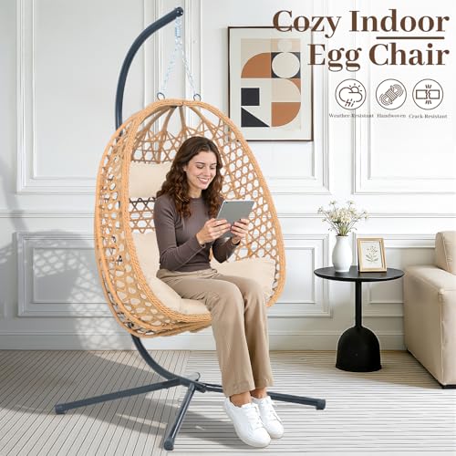 Image of Outdoor Hanging Egg Chair with Stand,Patio Rattan Hammock Chair,Burlywood