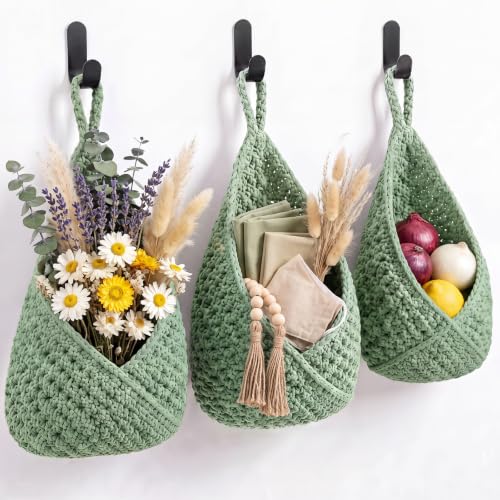 Image of Honeydak 3 Hanging Baskets, Sage Green, Triangle, Cotton Rope
