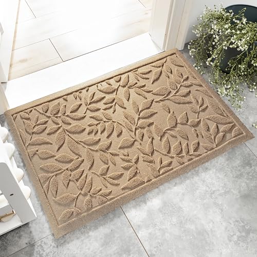 Beige Leaves Outdoor Indoor Entrance Doormats, Absorbent Durable Heavy Duty Welcome Front Door Mat,Thick Natural Rubber Back,Easy Clean Entryway Mat 17x30 Inch, Low Profile