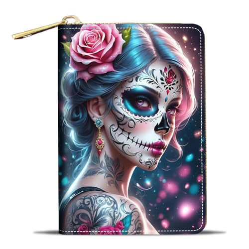 Credit Card Holder Wallets for Women, Small RFID Wallet Slim Leather Card Organizer Case with Zipper, Sugar Skull Girl Flower