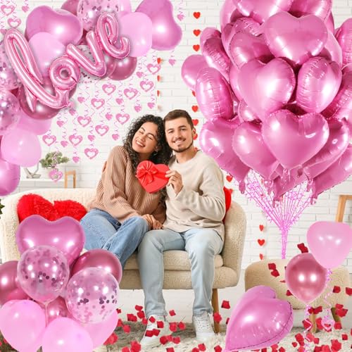Image of Pink Valentines Day Decorations with Heart Balloons and Love Balloon, Fake Rose Petals for Wedding Decor, Anniversary Decorations Romantic with Pink Latex Balloons and Heart Hanging