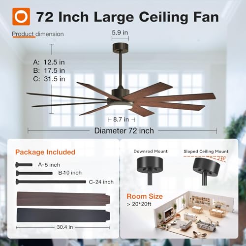 addlon 72 Inch Large Ceiling Fans with Lights, Black Ceiling Fan with Remote Control, Reversible, 5CCT, Dimmable, DC Motor, Modern Ceiling Fan for Living Room, Kitchen, Patio Indoor/Outdoor Use, - Image 6