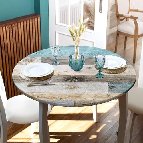 Eiuflka Farmhouse Round Fitted Tablecloth with Elastic Edge Wood Texture Outdoor Tablecloth Waterproof Table Cover for Kitchen Picnic Party Decor Fits 44-48" Diameter Round Tables by Eiuflka - Image 5