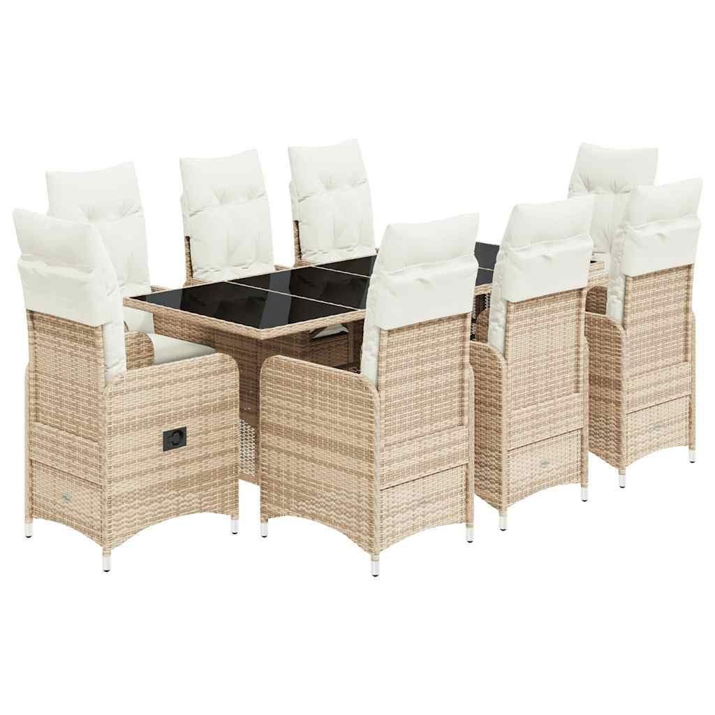 Set bistrot da giardino in polyrattan beige, con cuscini, 9 pezzi