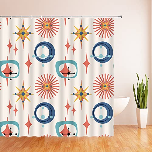 QKD Inc Mid Century Shower Curtain Atomic Starbursts Retro Abstract Geometric Space Geometric Vintage Classic 1950S 1960S Iconic Pattern Modern Sputnik Home Decor Fabric Bath Curtain with Hook - Image 3