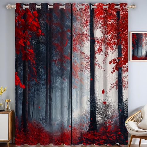 Rideau à oeillets paysage imprimé forêt rouge 3D isolant de haute densité - 3