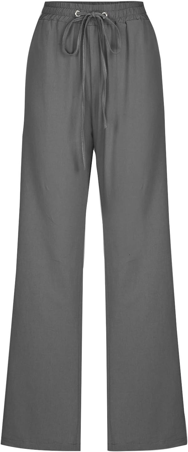 Womens Cotton Linen Pants Straight Leg Lounge Trousers High Waisted Casual Relaxed Fit Long Pant with Pocket