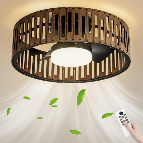 Image of Fandelier Ceiling Fan with light,Low profile Ceiling Fan with LED lights boho Ceiling Fan Farmhouse 20 inch Caged bladeless wood ceiling fans remote for Bedroom Kitchen Kid's Room