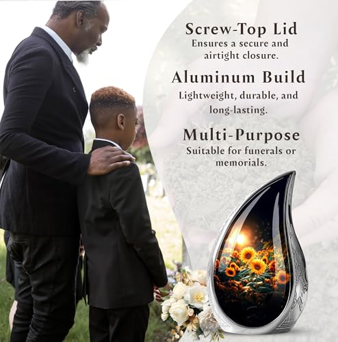 Image of Teardrop Sunflower Urns for Human Ashes Adult Female - Burial Urns for Ashes for Women - Yellow Sunflower Urn for Human Adult Male and Female - Large Decorative Urn for Mom and Dad 10inch