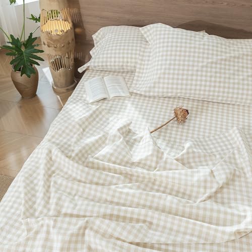 Image of MooMee Gingham Sheet Set 100% Washed Cotton Linen Like Textured Breathable Soft w / Fully Elasticized 16-19 inch Deep Pocket (Classic Gingham Almond Milk Grey, Queen)