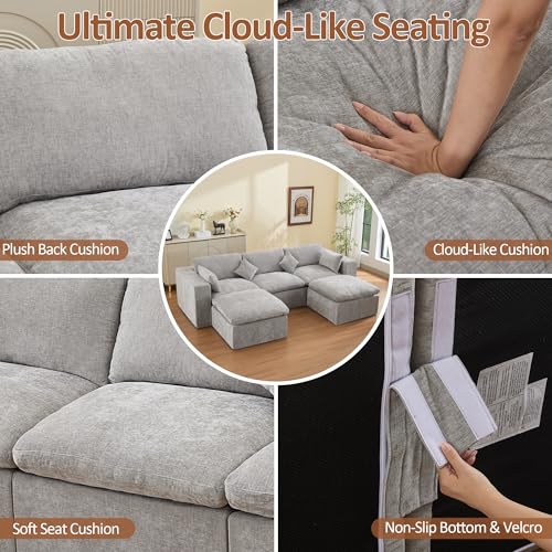 Image of 115'' Cloud Boneless Sectional Couch, Modular Sectional Sofa Deep Seat with 2 Ottomans, Oversized Upholstered Convertible Comfy 5 Seater Chenille Sofa U Shape Couches for Living Room, Light Grey