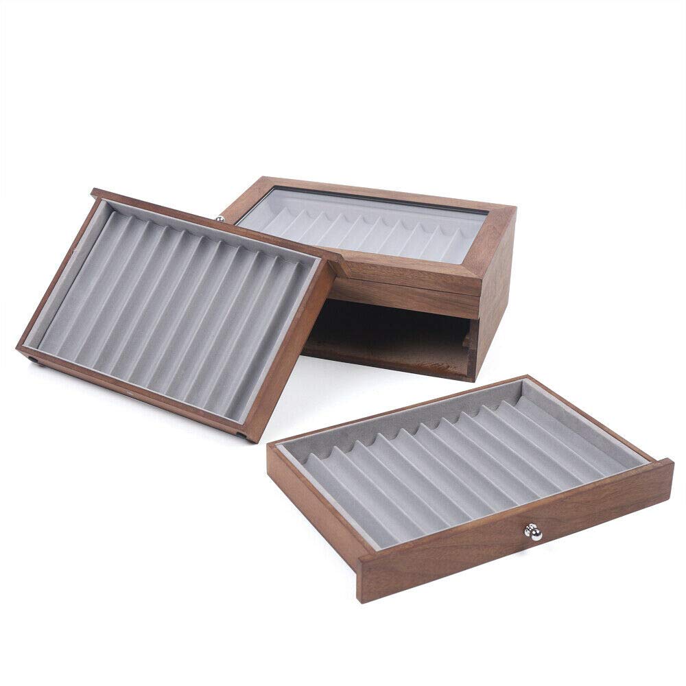 Füllfederhalter Vitrinenhalter 34 Slots Stiftebox Holz Organizer Box mit Schubladen und Klarfenster Walnussholz