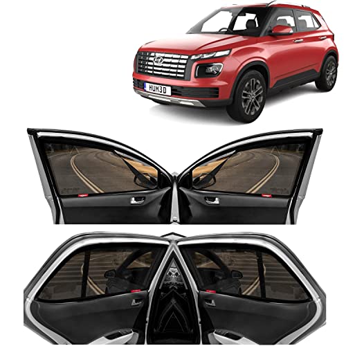 Image of Kingsway Car Side Window Curtain Sun Shades Magnetic for Hyundai Venue (2022 Onwards), Zips in Front Window, Cotton Mesh, Complete Set of 4 Piece