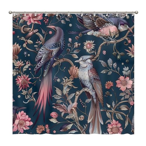 DreamAutumn Juego de cortinas de baño con diseño de pájaros elegantes, forro de cortina de ducha impermeable con ganchos, decoración para bañeras de baño, 72 x 72 pulgadas