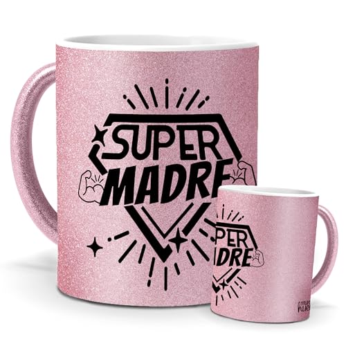 mundohuevo Taza SUPER MADRE | Regalo Mamá | Edición Purpurina Rosa | Cerámica Glam Rosa | Tazas para Leche, Café, Té... | 350 ML