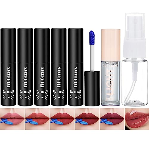 5 Colors Lip Stain Set, Long Lasting Waterproof Peel Off Lip Tint with Lip Oil and Empty Spray Bottle Kit, Transferproof Non-stick Cup Liquid Lipstick Matte Finish Lip Makeup for Women, 0.67 oz