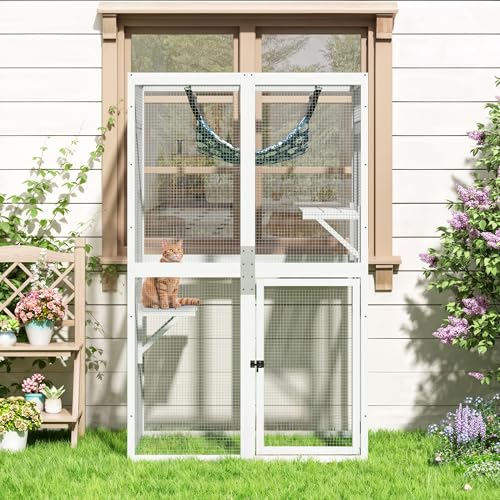 Image of Catio Outdoor Cat Enclosure - Premium Wooden Cat Catio with Window Access & Breathable Mesh, Weatherproof Kitty House for Patio /Backyard /Indoor (White)
