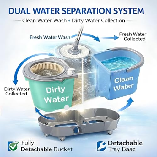 Image of V-MOP Premium Jumbo Double Bucket | Deluxe Double Color Mop with Floor Wiper Set, Cleaner & 3 Refill | Trolley Spin Mop-Magic-Floor ((6 Months Warranty on Rod Set))