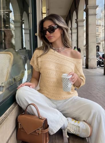 Image of Cakulo Womens Off The Shoulder Batwing Short Sleeve Crochet Tops 2026 Spring Summer Sweater Top Knit Beach Cover Up