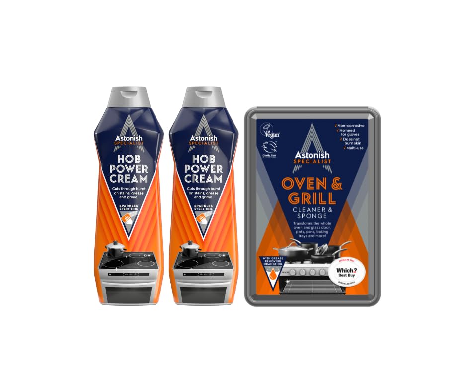 Astonish Specialist Hob Cream Cleaner Tough on Burnt-On Stains 2 x 500ml and Astonish Oven & Grill Cleaner & Sponge Easy to Use with No Harsh Chemicals 1 x 250g Bundle