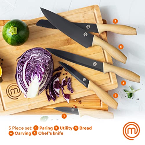 MasterChef-Kitchen-Knives-Set-of-5-Including-Paring-Utility-Bread-Carving-Chef-Knife-Sharp-Stainless-Steel-Non-Stick-Blades-Wood-Look-Soft-Touch-Handles-5-Piece-Black