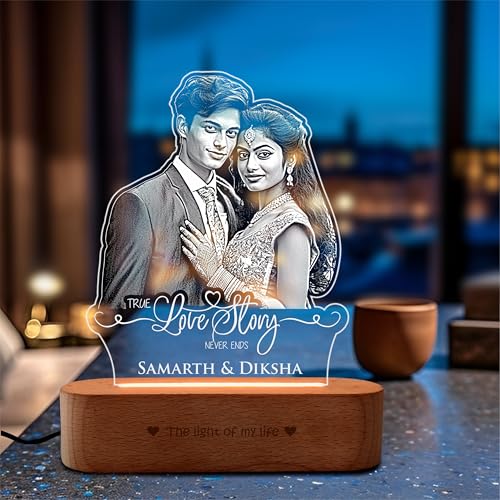 Image of ZOCI VOCI Personalized Acrylic LED Lamp | Romantic for Valentine's Day Gift, Personalized Gifts for Couples (Warm Light, B&W - Engraving)