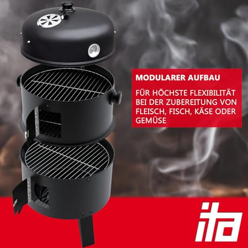 ITA Räuchergrill 3in1 Multifunktional - Grillen, Räuchern, Garen - Modularer Holzkohlegrill Smoker mit Thermometer & regulierbarem Luftabzug am Deckel - Grilltonne Räucherofen