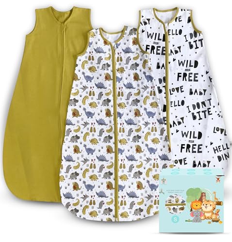 Image of Cute Castle Baby Sleep Sack 0-6 Months - Lightweight 100% Cotton 2-Way Zipper TOG 0.5 Infant Wearable Blanket, Newborn Essentials Toddler Sleep Clothes, 3 Pack(Honey, Dinosaurs, Letters)
