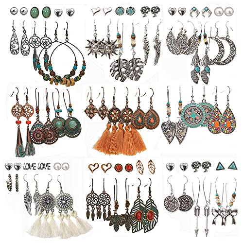 45 Pairs Boho Vintage Drop Dangle Earrings Set for Women, Fashion Bohemian Earrings National Style Tassel Eardrop Hollow Bronze Waterdrop Leaf Jewelry for Valentine's Day Gifts