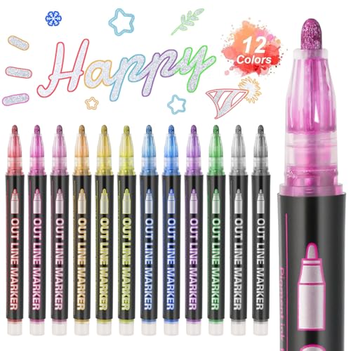 Aenmt 12 Colors Outline Markers Double Line Shimmer Marker Pens for Christmas Greeting Cards Scrapbook Crafts Doodling DIY Art Crafts Easter Egg Metal Ceramic Glass Christmas Decor
