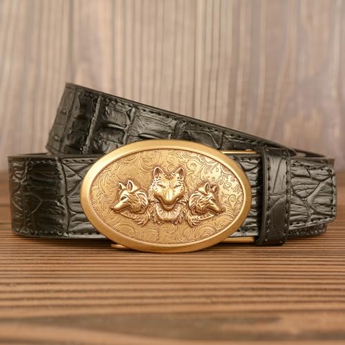 Slide Ratchet Belt With Gold Wolf Buckle - Western Cowboy Crocodile Embossed Leather Strap For Jeans3