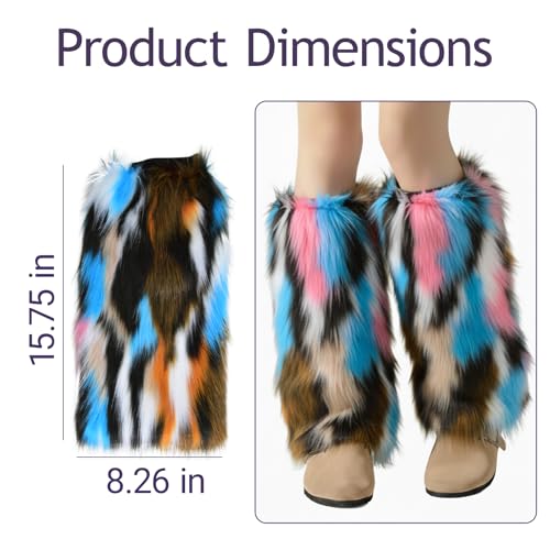 Image of Tie Dye Women Furry Leg Warmers Faux Fur Boot Covers Fluffies Cuffs, 15.7 inch Tall