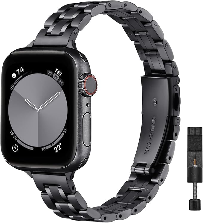 Image of STIROLL Thin Replacement Band Compatible for Apple Watch 38mm 40mm 41mm 42mm(Series 11 10), Stainless Steel Metal Wristband Women Men for iWatch Ultra SE Series 9 8 7 6 5 4 3 2 1, Black