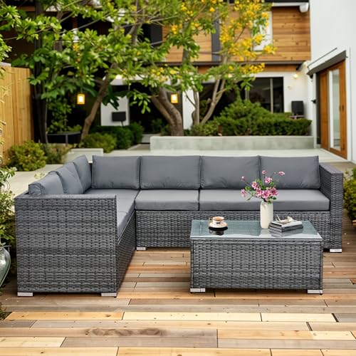 Aweather Premium 6 Seater Rattan Corner Sofa Garden Furniture Set Patio Conversation Set with Glass Coffee Table and Washable Cushions (Gray)