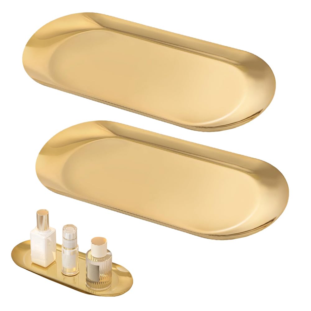 2pcs Golden Decorative Trays, Gold Stainless Steel Trinket Tray, Oval Jewelry Dish Cosmetics Organizer, Bathroom Vanity Tray for Dresser Counter, Perfume Ring Key Organizer Trays-image-33