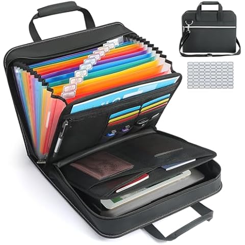 SEEKIND PU Leather Accordion File Organizer with Handle & Strap，12 Pockets Expanding File Folder with Zipper & Labels，Portable Document Organizer File for Letter A4 Files Cover