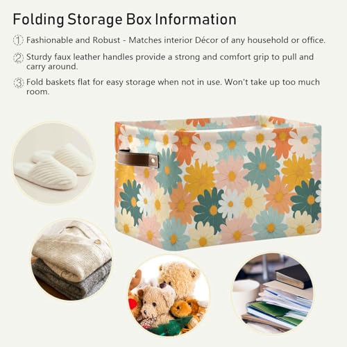 Image of Aslsiy Storage Basket Colorful Daisies Retro Groovy Flower (4) Nursery Bins Baby Canvas Box Clothes Shelf Basket Laundry Hampers 1 Pcs