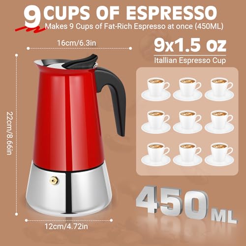 Image of 9 Cup Stainless Steel Moka Pot, 450ml Stovetop Espresso Maker, Red | 304 Stainless Steel Mocha Pot, Induction Compatible, Greca de Cafe, Cuban and Italian Coffee Maker