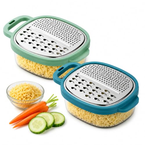 Image of 2-in-1 Cheese Grater with Storage Container Pack of 2 | Stainless Steel Manual Vegetable Grater with Lid | Food Container for Cheese, Carrot, Cucumber, Potato, Garlic & Ginger
