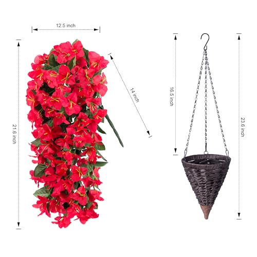 Image of INSPRING Artificial Bougainvillea Faux Flowers Plants Baskets for Outdoor Outside Decoration, 3PCS Fake Silk Flowers Long Trailing Vines UV Resistant Realistic for Front Door Porch Patio (Red)