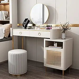 Vandana Interiors White Makeup Vanity Set with Lights Retractable Dressing Table with Mirror & Stool