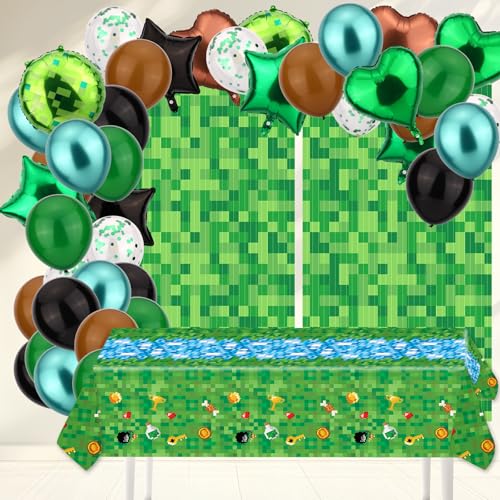 43uds Set Decoración para Fiestas Pixeladas, Kit de Fiesta Cumpleaños con Temática de Píxeles con Globos Metalizados Cortina Flecos y Mantel para Juegos